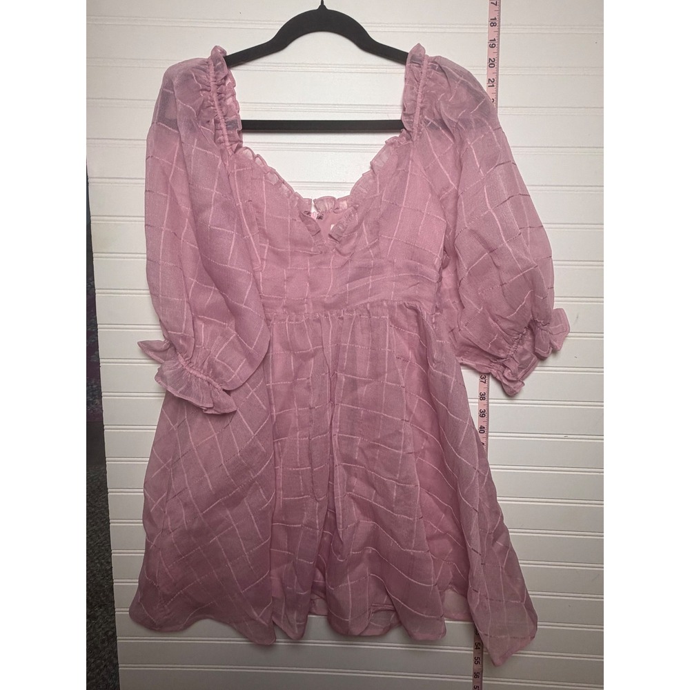 Storia Pink Puff Sleeve Mini Dress Ruffle Sweetheart Babydoll Grid Textured M